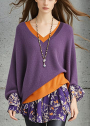 Italian Dull Purple V Neck Patchwork Fake Two Piece Sweaters Fall