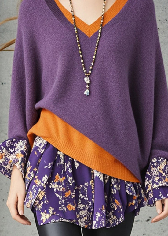 Italian Dull Purple V Neck Patchwork Fake Two Piece Sweaters Fall