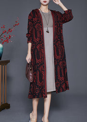 Italian Dull Red Oversized Print Cotton Long Cardigan Fall