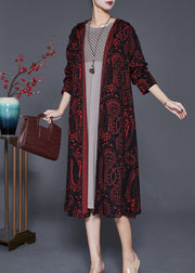 Italian Dull Red Oversized Print Cotton Long Cardigan Fall