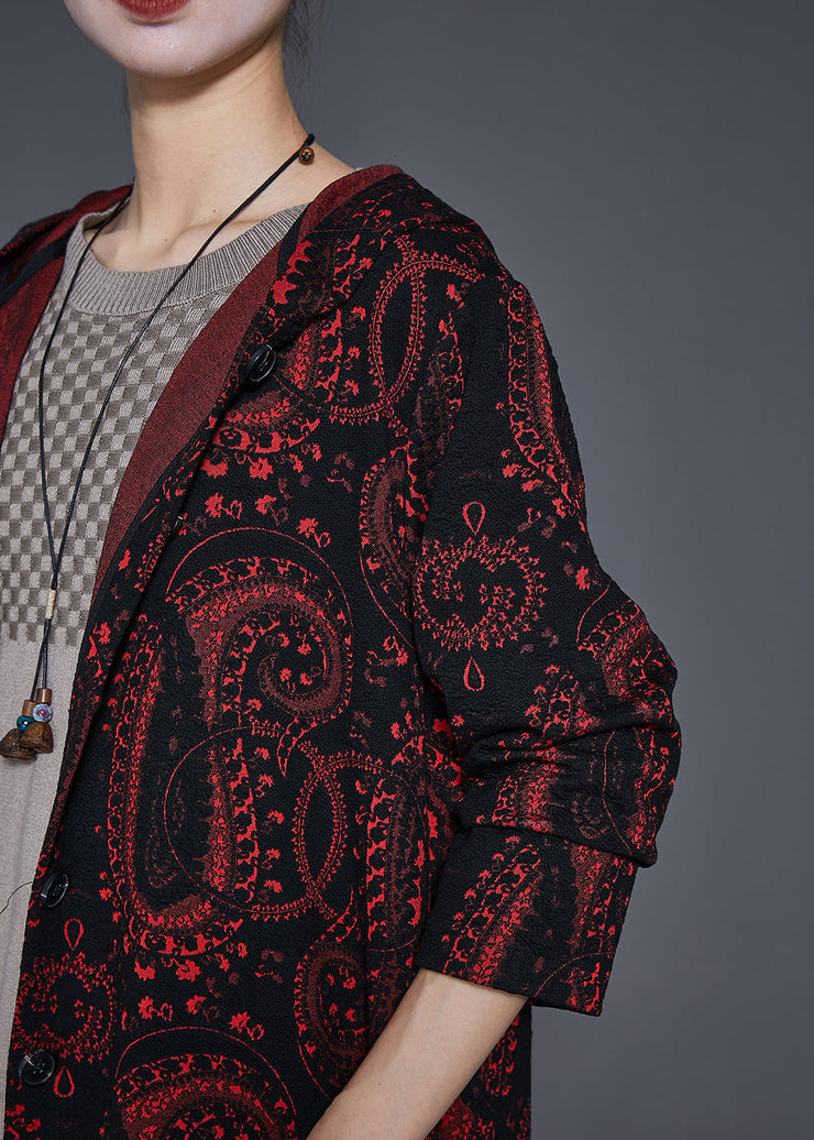 Italian Dull Red Oversized Print Cotton Long Cardigan Fall