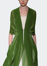 Italian Elegant Green Silk Dress Long Sleeves