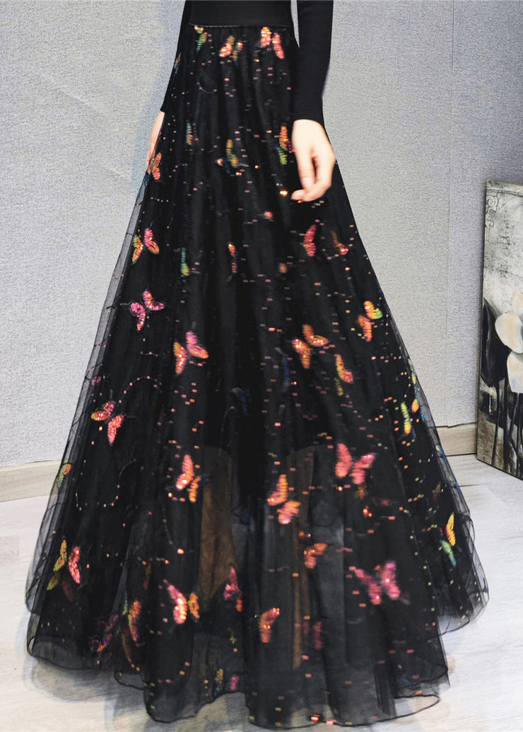 Italian Embroideried Floral High Waist Sequins Tulle Maxi Skirts Spring