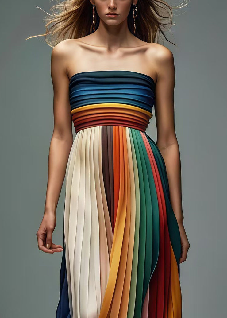 Italian Gradient Color Backless Chiffon Strapless Pleated Dress Summer