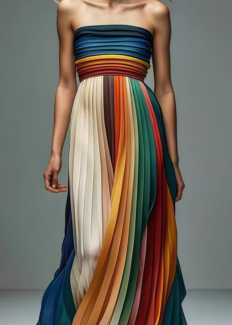 Italian Gradient Color Backless Chiffon Strapless Pleated Dress Summer