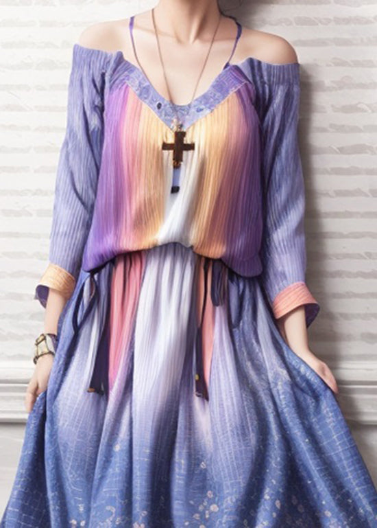 Italian Gradient Color Cold Shoulder Print Patchwork Silk Long Dresses Summer