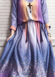 Italian Gradient Color Cold Shoulder Print Patchwork Silk Long Dresses Summer