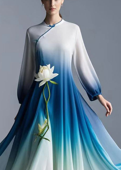 Italian Gradient Color Lotus Exra Large Hem Chiffon Long Dress Spring