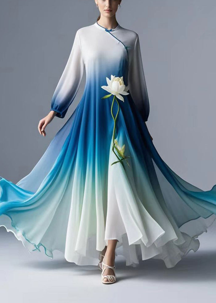 Italian Gradient Color Lotus Exra Large Hem Chiffon Long Dress Spring