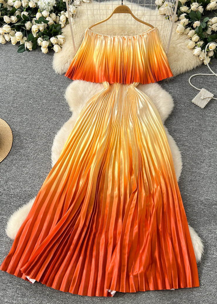 Italian Gradient Orange Slash Neck Cold Shoulder Chiffon Pleated Dress Summer