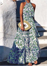 Italian Green Backless Print Cotton Halter Dresses Summer