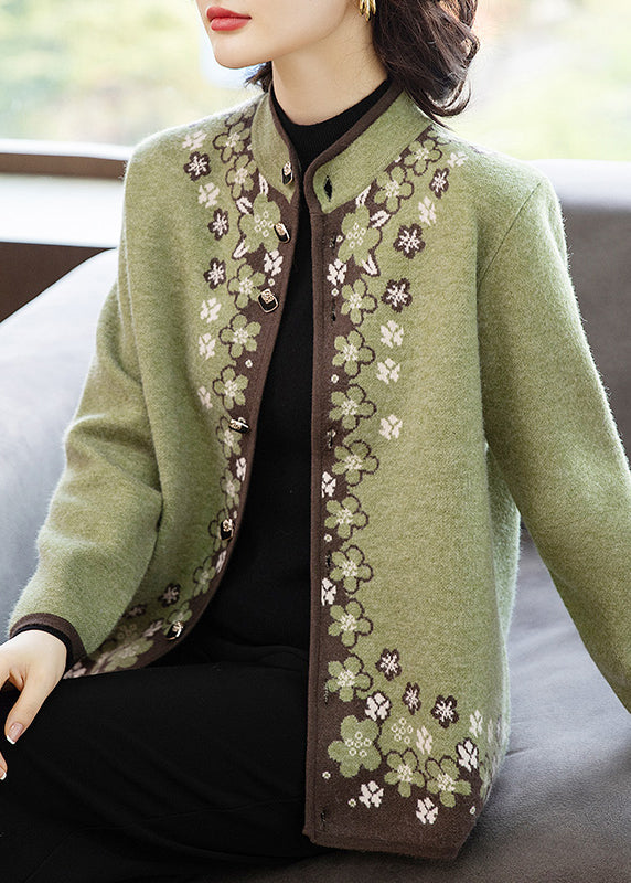 Italian Green Button Print Patchwork Knit Coats Fall