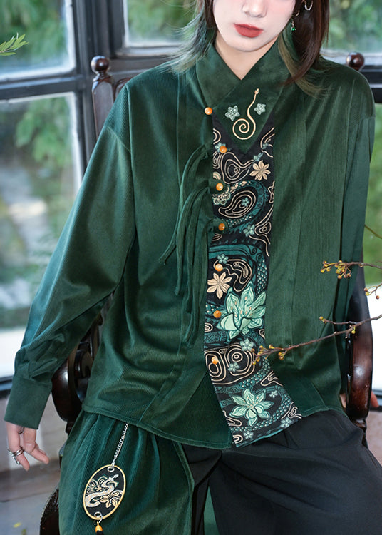 Italian Green Embroidered Button Patchwork Cotton Shirt Spring