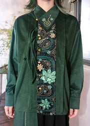 Italian Green Embroidered Button Patchwork Cotton Shirt Spring