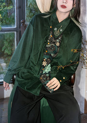 Italian Green Embroidered Button Patchwork Cotton Shirt Spring