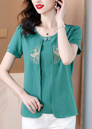 Italian Green Embroidered False Two Pieces Chiffon Blouses Summer