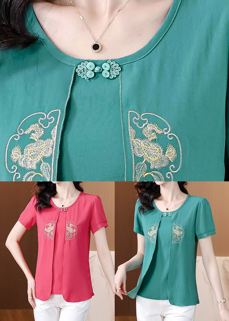 Italian Green Embroidered False Two Pieces Chiffon Blouses Summer