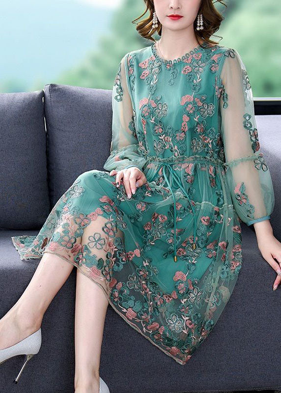 Italian Green Embroideried Tie Waist Tulle Mid Dress Summer