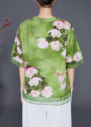 Italian Green Floral Patchwork Organza Linen Silk Shirt Top Half Sleeve