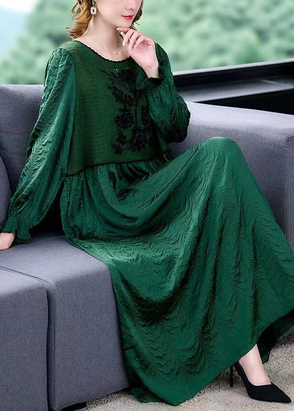 Italian Green Hollow Out Knit Patchwork Silk Long Dresses Fall