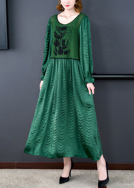 Italian Green Hollow Out Knit Patchwork Silk Long Dresses Fall