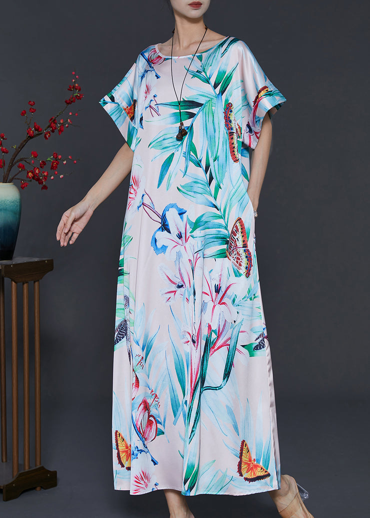 Italian Green Leaf Print Silk Maxi Dresses Summer