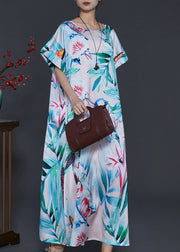 Italian Green Leaf Print Silk Maxi Dresses Summer