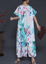 Italian Green Leaf Print Silk Maxi Dresses Summer