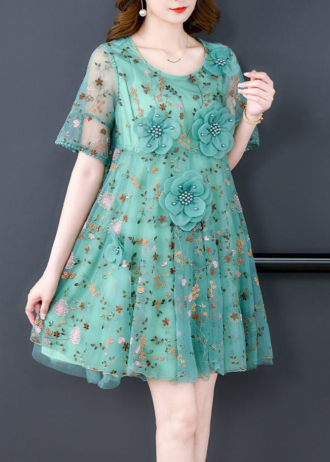 Italian Green O Neck Embroidered Tulle Mid Dress Summer