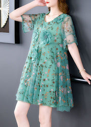 Italian Green O Neck Embroidered Tulle Mid Dress Summer