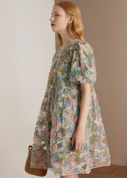 Italian Green O Neck Floral Patchwork Tulle Mid Dresses Puff Sleeve