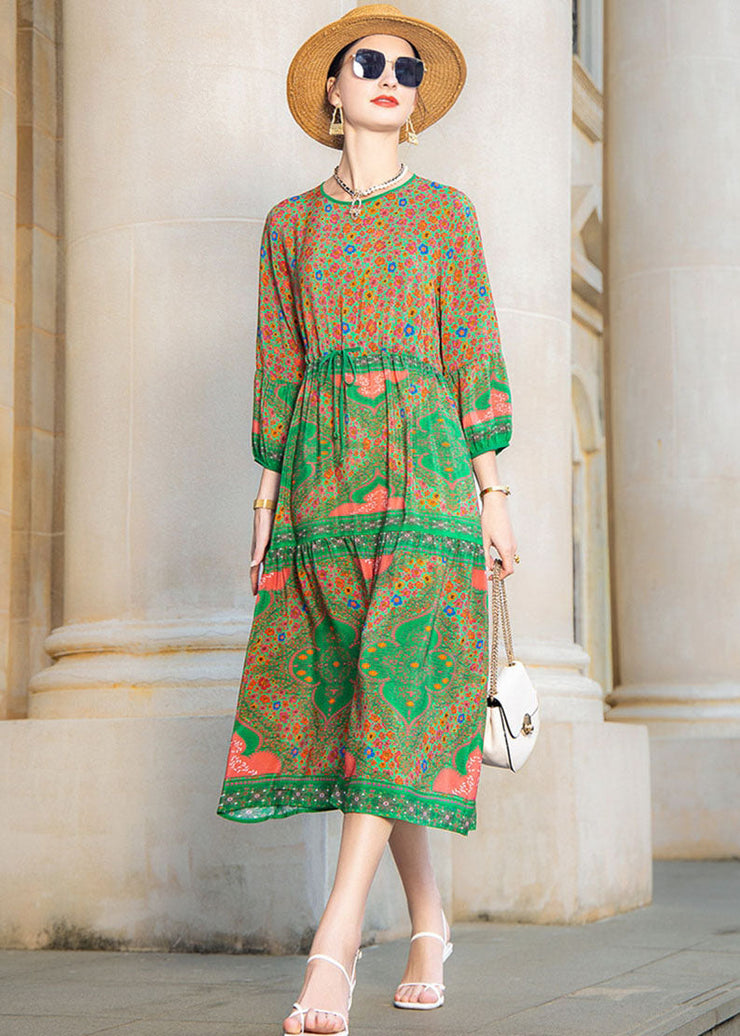 Italian Green O Neck Print Drawstring Patchwork Silk Dress Summer