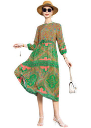 Italian Green O Neck Print Drawstring Patchwork Silk Dress Summer