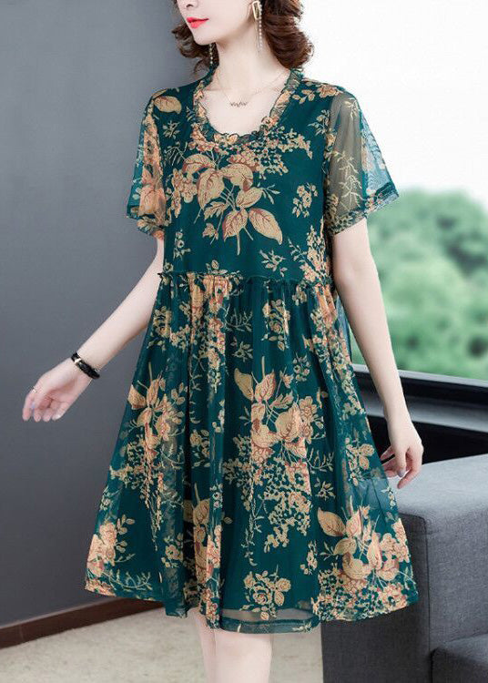 Italian Green O-Neck Print Holiday Long Dress Summer