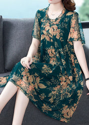 Italian Green O-Neck Print Holiday Long Dress Summer