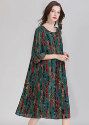 Italian Green O Neck Print Patchwork Chiffon Dress Summer