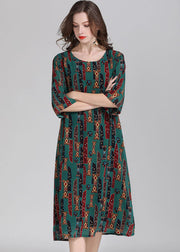 Italian Green O Neck Print Patchwork Chiffon Dress Summer