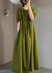 Italian Green O Neck Wrinkled Cotton Long Dress Summer