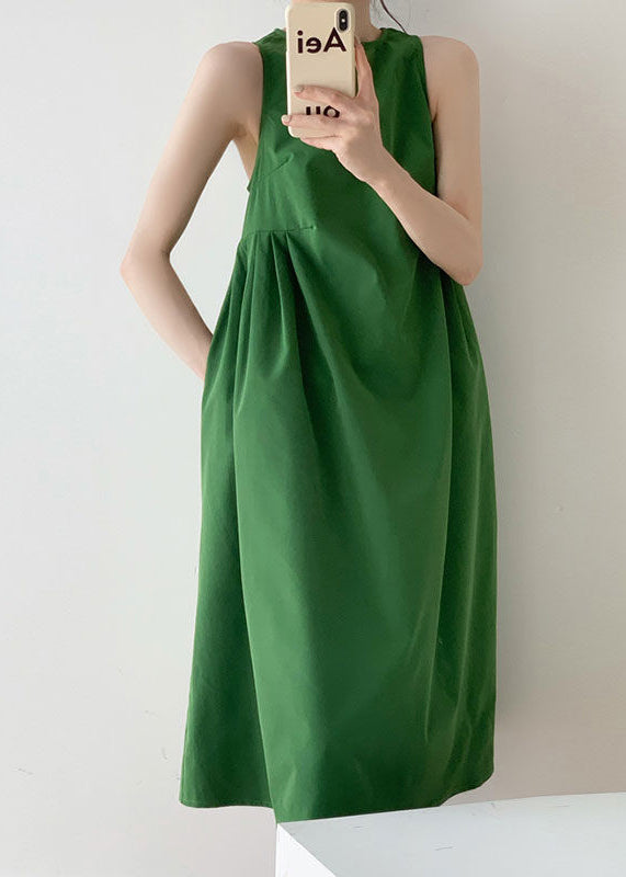 Italian Green O Neck Wrinkled Patchwork Cotton Dress Sleeveless