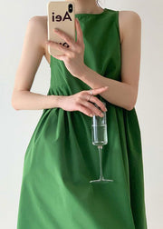 Italian Green O Neck Wrinkled Patchwork Cotton Dress Sleeveless