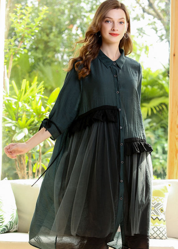 Italian Green Oversized Patchwork Ruffles Cotton Dress Half Sleeve