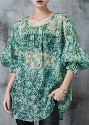 Italian Green Oversized Print Chiffon Shirts Lantern Sleeve