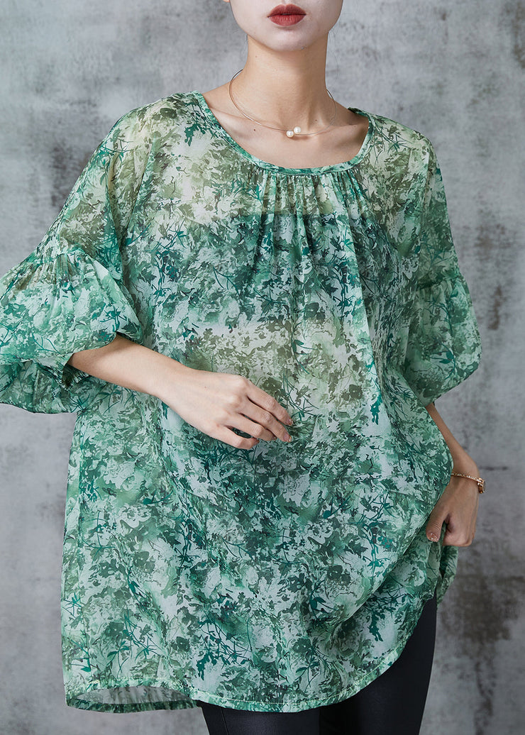 Italian Green Oversized Print Chiffon Shirts Lantern Sleeve