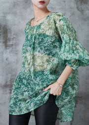 Italian Green Oversized Print Chiffon Shirts Lantern Sleeve