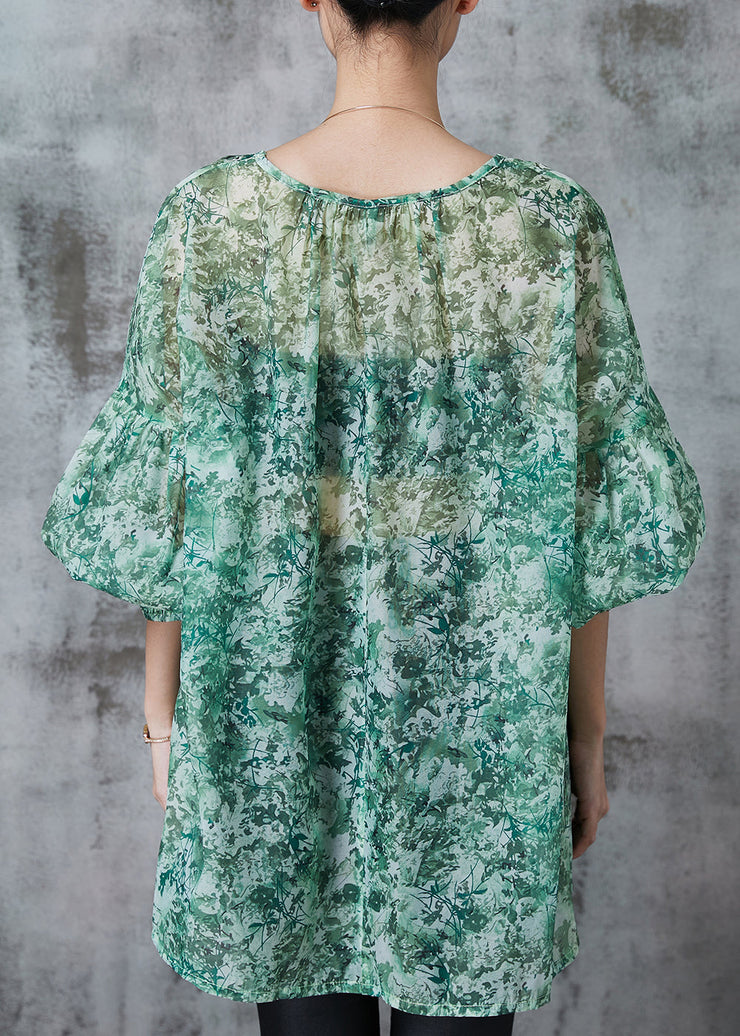 Italian Green Oversized Print Chiffon Shirts Lantern Sleeve