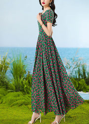 Italian Green Patchwork High Waist Chiffon Maxi Dress Short Sleeve