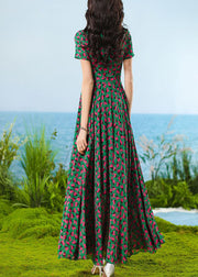 Italian Green Patchwork High Waist Chiffon Maxi Dress Short Sleeve