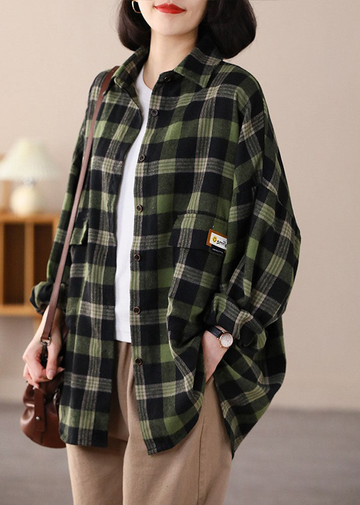 Italian Green Peter Pan Collar Oversized Plaid Cotton Shirt Top Spring