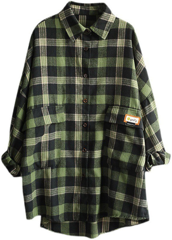 Italian Green Peter Pan Collar Oversized Plaid Cotton Shirt Top Spring