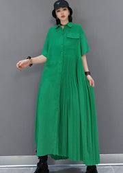 Italian Green Peter Pan Collar Patchwork Wrinkled Solid Color Cotton Shirt Dress Short Sleeve